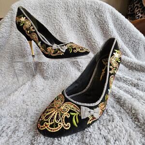 VTG Beverley Feldman Women's Floral Velvet Bow Beaded Pump Heels‎ Size 9M Black